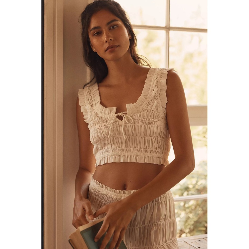 Anthropologie LyreBird Ruched Ruffle Sheer Bralette Crop Top Ivory Medium NWT
